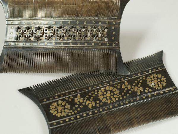 Water buffalo hair combs, brass inlays (2)